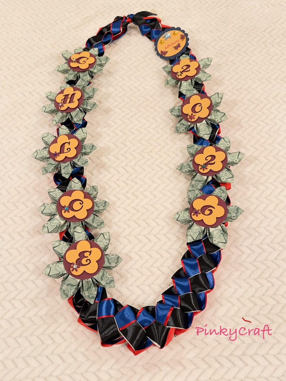 Handmade Blue & Black Ribbon Lei with Yellow Flower Accents